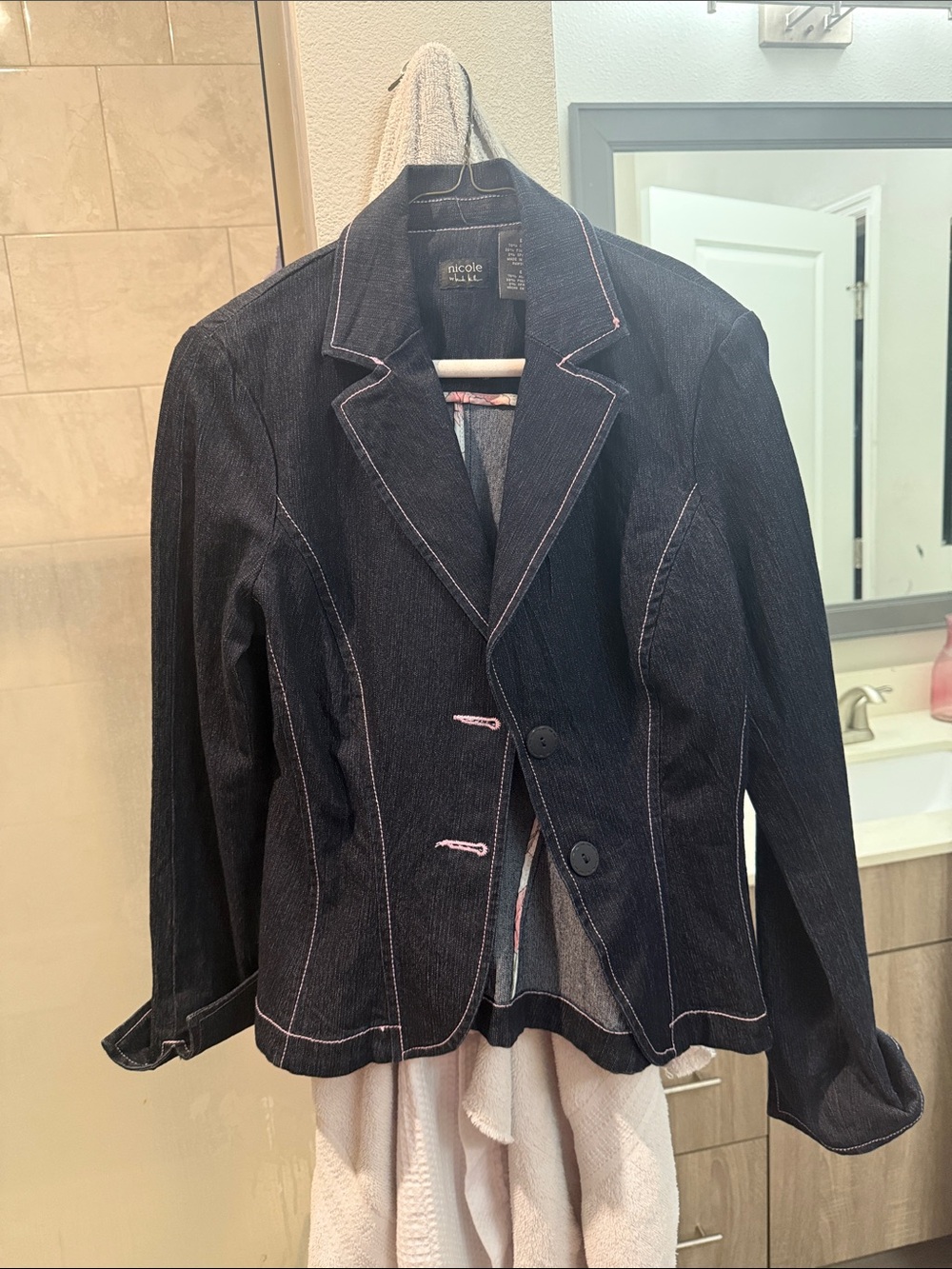 Nicole Miller Dark Denim Blazer with Pink Topstitching